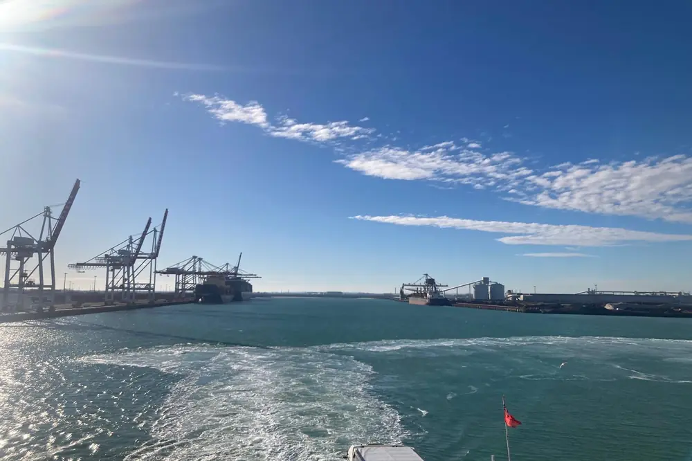 The ferry port of Dover with its berths and the white cliffs behind