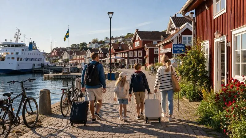 Familie mit Hund am Strand in Schweden